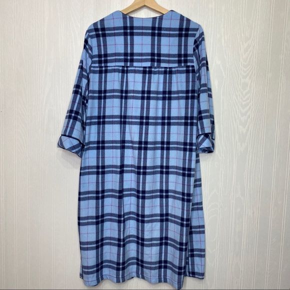 Blue Plaid Fleece Zip Up Embroidered Robe/Night Dress with Pockets Size Large - Picture 8 of 12